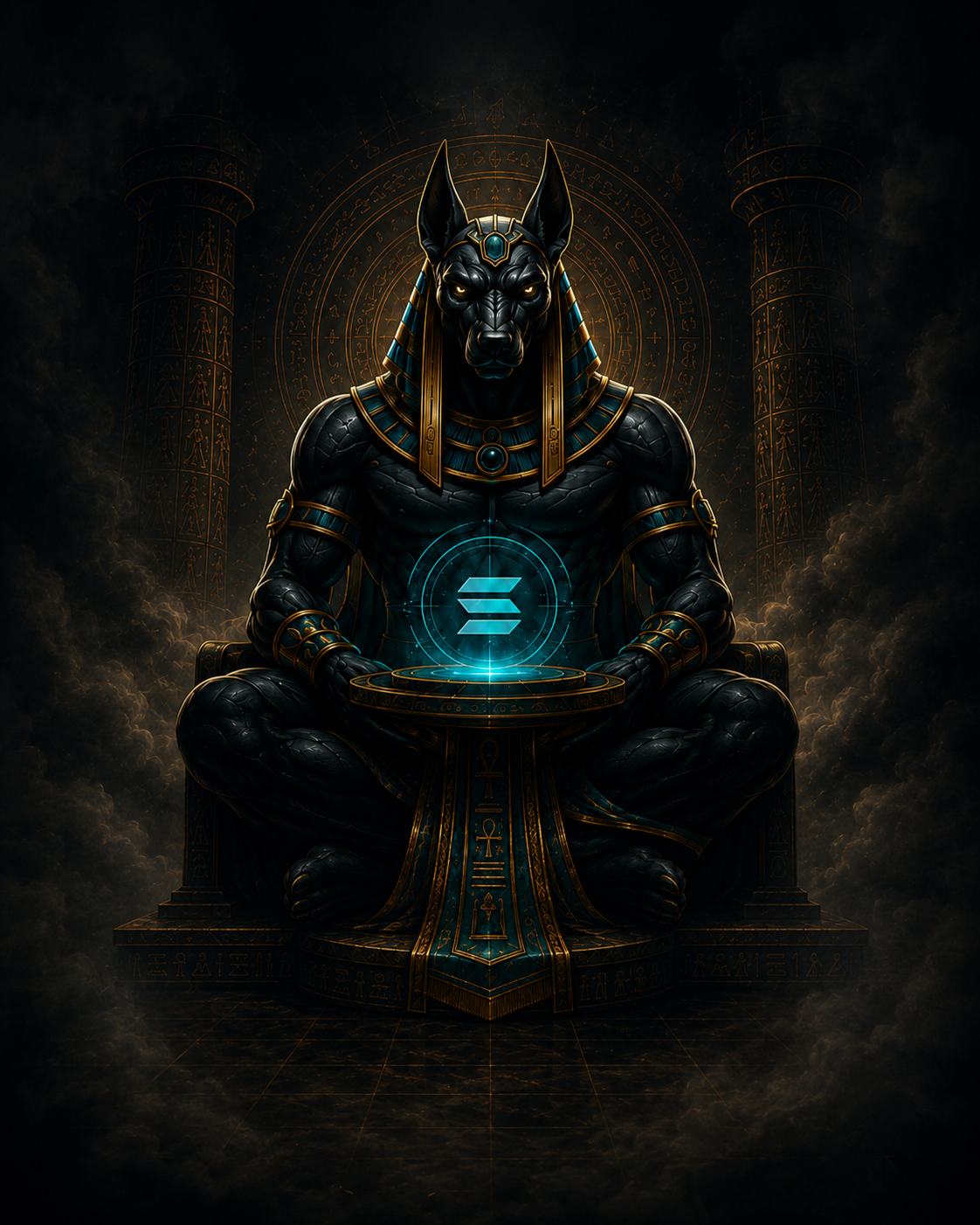 Anubis holding a glowing Solana symbol inside an Egyptian temple